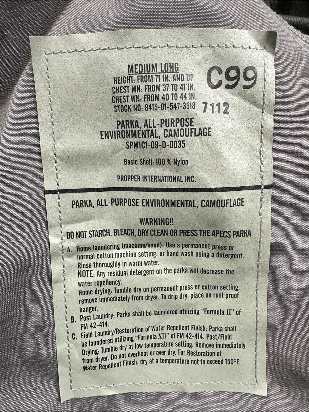 PROPPER APECS All-Purpose Environmental Camouflage Parka Jacket Medium Long NWOT
